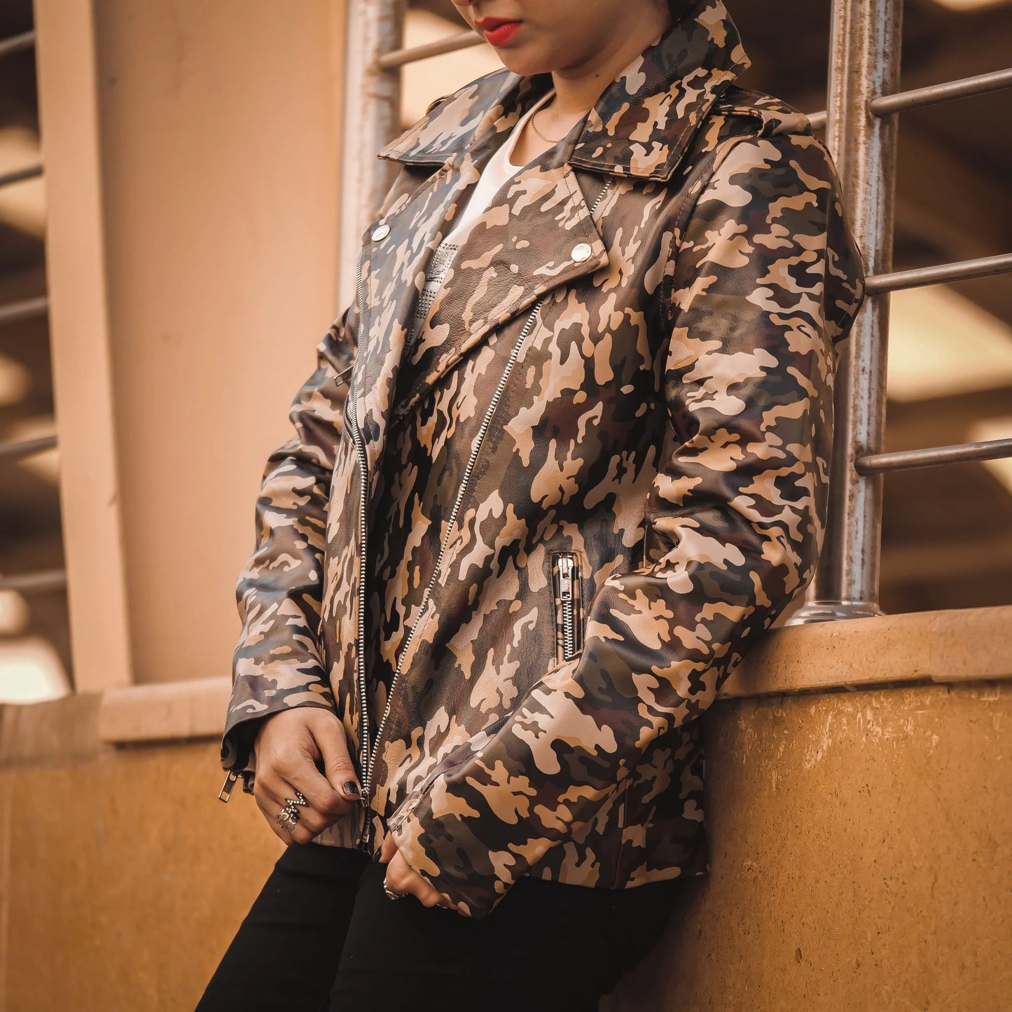 Military Camouflage Print Lambskin Leather Jacket  For Womens