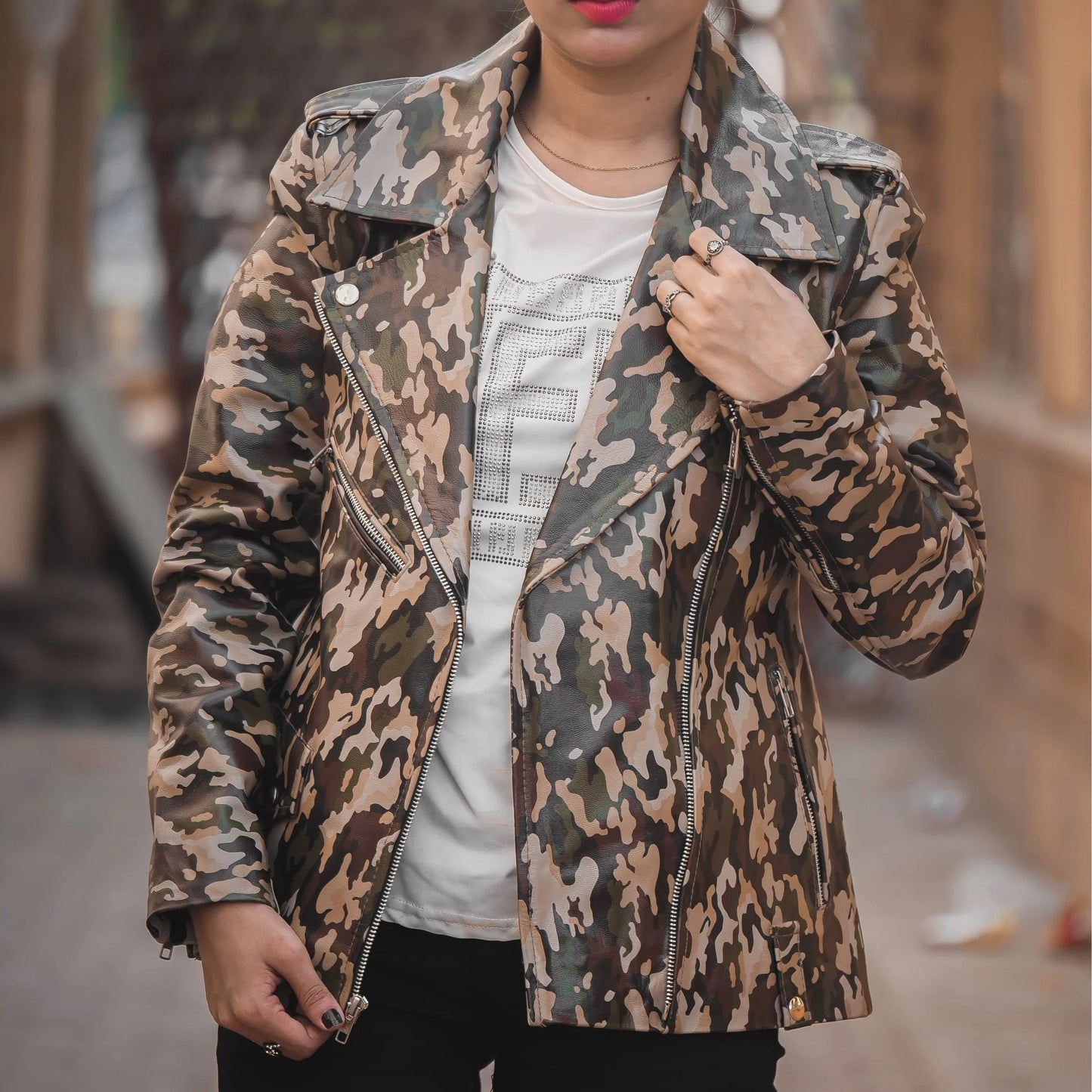 Military Camouflage Print Lambskin Leather Jacket  For Womens