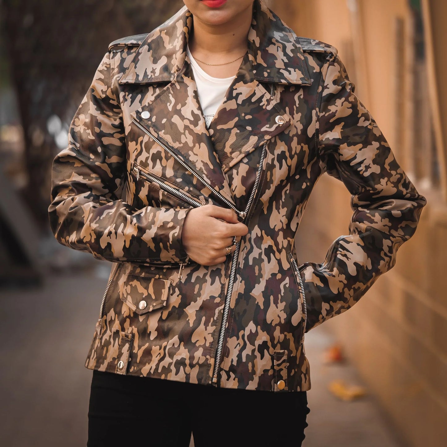 Military Camouflage Print Lambskin Leather Jacket  For Womens